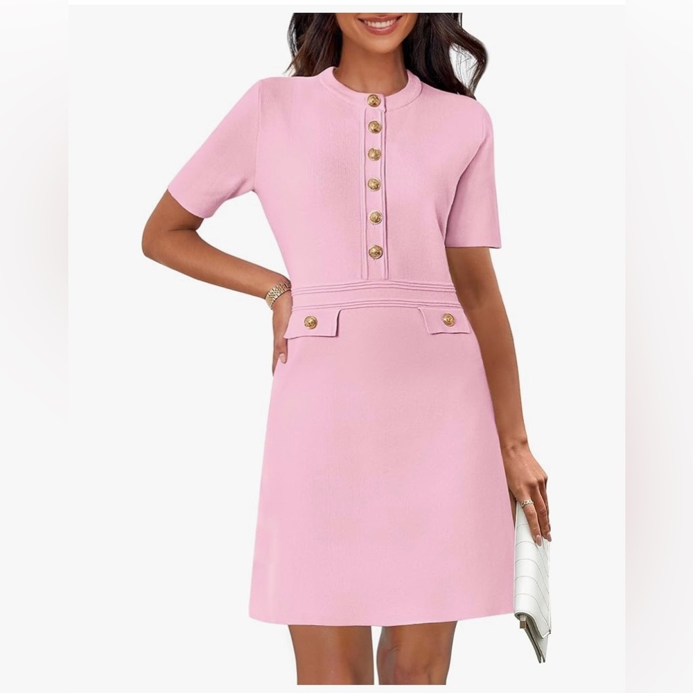 🆕 Classic Vintage Long Sleeve Knit Pink Shift Gold Bitton Dress (*)